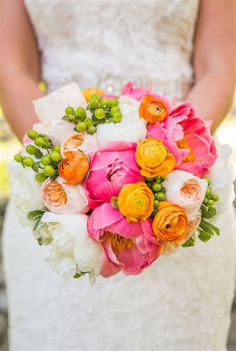 Bright Coral Peonies and Orange Ranunculus Bouquet