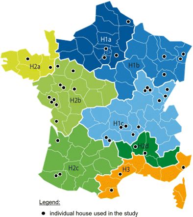 Map of France with the different climate zones (H1a, H1b, H1c, H2a ...