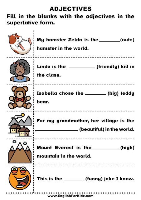 Superlative adjectives exercises | Adjectives, Adjective worksheet, English lesson plans