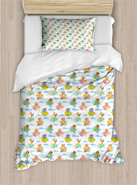 Adventure Nursery Twin Size Duvet Cover Set, Baby Forest Animals on Biplane Giraffe Elephant ...