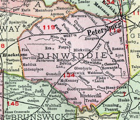 Dinwiddie County, Virginia, Map, 1911, Rand McNally, Petersburg, McKenney, Burgess