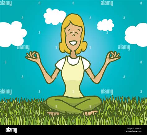 Ilustración de dibujos animados de mujer practicando yoga y meditación, sentir la naturaleza al ...