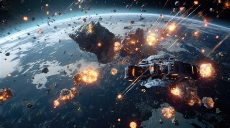 An exhilarating CGI render of a futuristic space battle with fighters ...