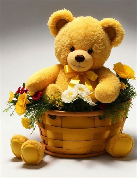 Premium AI Image | There is a teddy bear sitting in a basket with flowers