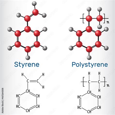 Styrene and Polystyrene (PS) polymer molecule - structural chemical ...