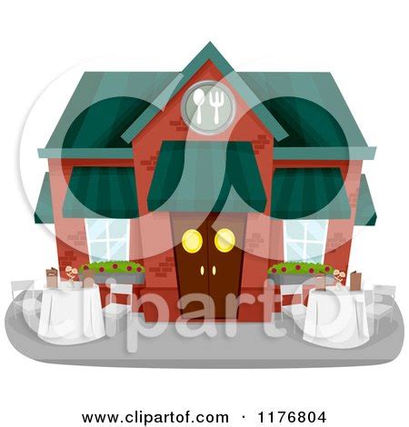 Cartoon of a Restaurant Building Exterior with Outdoor Dining - Royalty Free Vector Clipart by ...