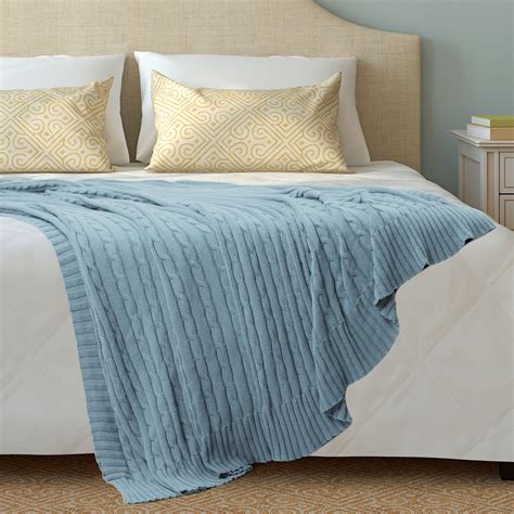 PiccoCasa Cotton Blanket Cable Throw Knit Blankets Light Blue, 70" x 78 ...