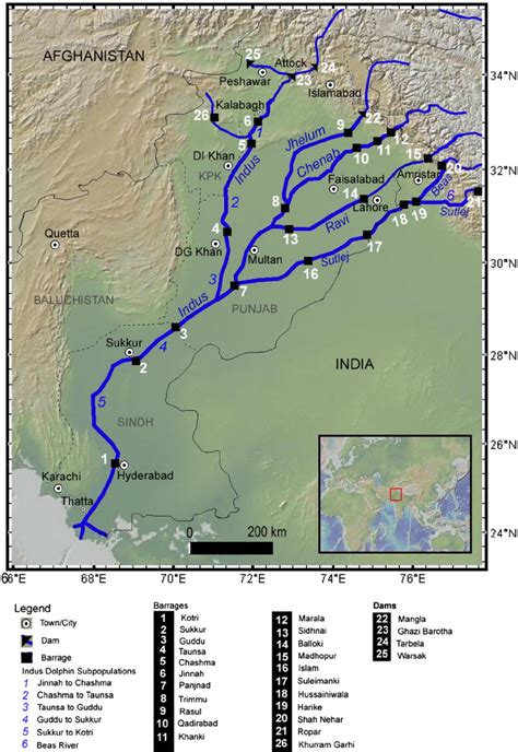 The Indus River system, and the locations of irrigation barrages and dams. | Download Scientific ...