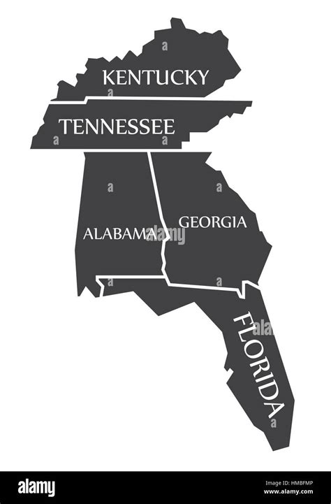 Kentucky - Tennessee - Alabama - Georgia - Florida Map labelled black illustration Stock Vector ...