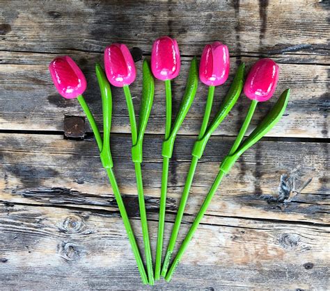 Wooden tulips set of 5 pink tulips 13.3'' flower | Etsy