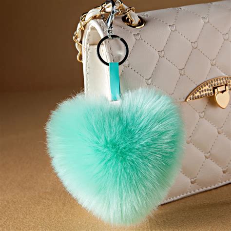 Clearance Sale Heart Shape Pompom Fluffy Keychain Solid Artificial Rabbit Fur Ball Key Chains ...