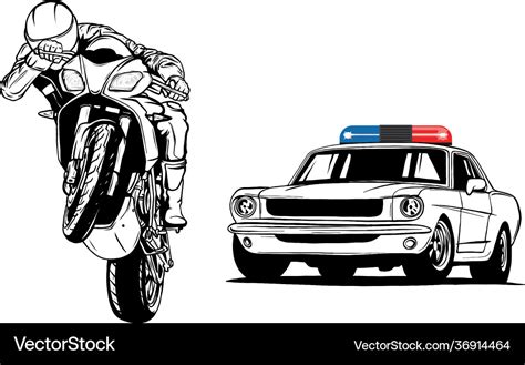 Draw in black and white police car is chasing Vector Image