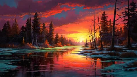 Premium AI Image | A painting of a river with a sunset in the background