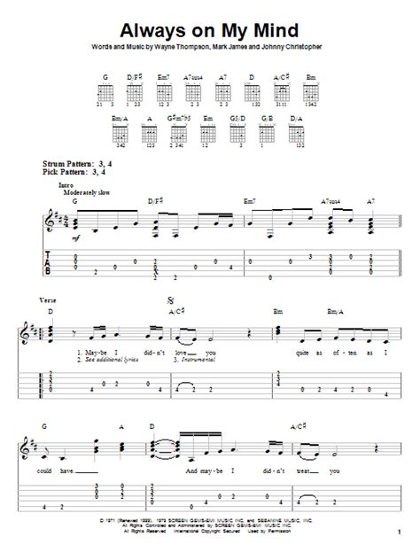 Always On My Mind by Willie Nelson Sheet Music for Easy Guitar Tab at ...