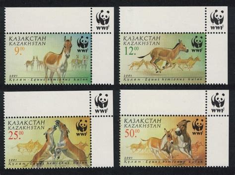 Kazakhstan WWF Kulan Horses Animals Fauna 4v Corners WWF Logo 2001 MNH ...