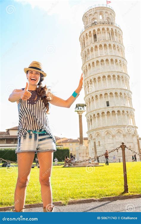 Funny Woman Supporting Leaning Tower of Pisa Stock Image - Image of ...