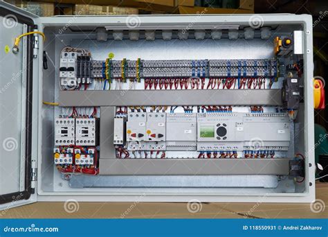 Modern Electrical Control Cabinet with Controller and Circuit Breakers. Stock Image - Image of ...