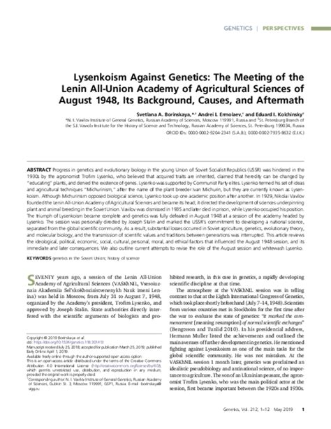 (PDF) Lysenkoism Against Genetics: The Meeting of the Lenin All-Union Academy of Agricultural ...