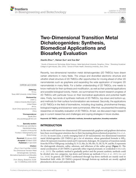 (PDF) Two-Dimensional Transition Metal Dichalcogenides: Synthesis, Biomedical Applications and ...