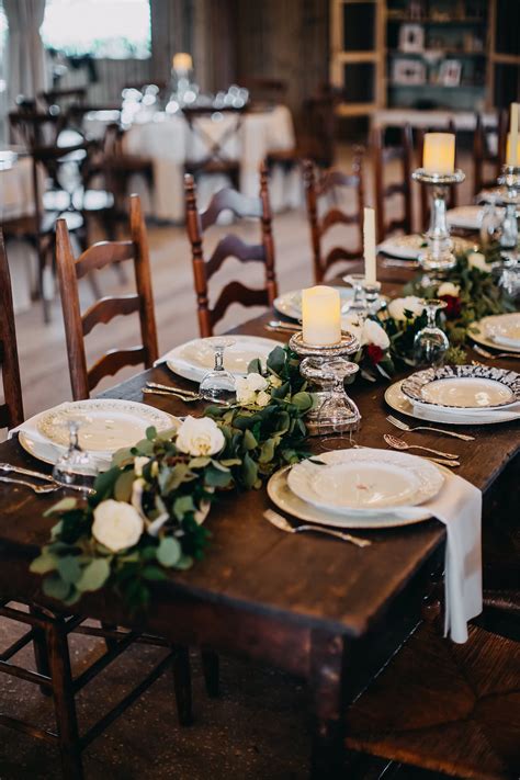 Indoor Rustic Barn Wedding Reception Decor with Long Wooden Feasting ...