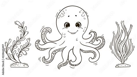 Cute cartoon octopus with seaweed for coloring book. Stock Vector ...