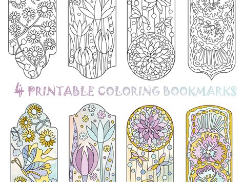 Flower Coloring Bookmark Set of 4 Printable Spring Adult - Etsy