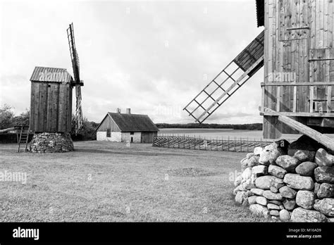 Traditional wooden windmills of Saaremaa island, Estonia Stock Photo ...