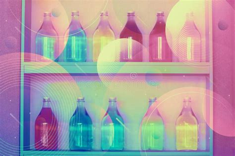 Retro Vintage Glass Bottles Sitting on Two Shelves. Cyber Holographic Abstract Filter Stock ...