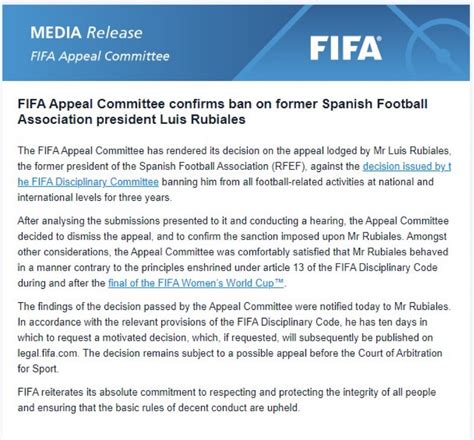 FIFA Dismisses Rubiales Ban Appeal