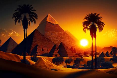 Premium Photo | Landscape depicting palm trees and ancient Egyptian pyramids