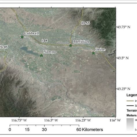 Treasure Valley topographical map showing the major roads and cities in... | Download Scientific ...