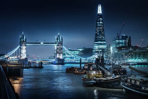 city, Cityscape, Night, Lights, London, London Bridge, River, Skyscraper, Building, Cranes ...