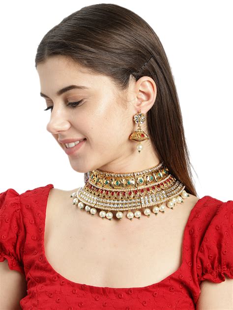 Buy Zaveri Pearls Traditional Gold Tone Bridal Choker Necklace Set For ...