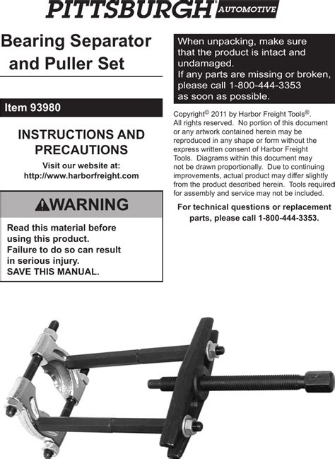 Harbor Freight Bearing Separator And Puller Set Product Manual