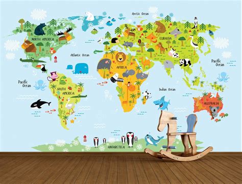 Animals World Map Kids Room Wallpaper Poster / Dieren Wereldkaart ...