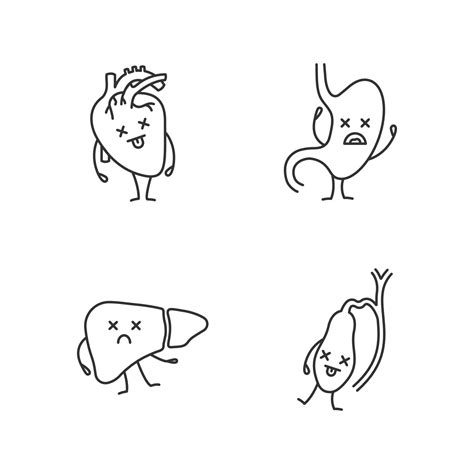 Sad human internal organs characters linear icons set. Thin line contour symbols. Unhappy heart ...