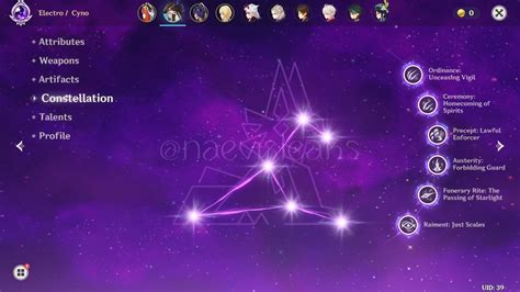 Cyno wish, in game menu, constellation screens, screenshot in front of small Irmminsul ...