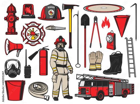 Firefighter equipment and fire fighting tools. Vector icons of fire department car, alarm ...