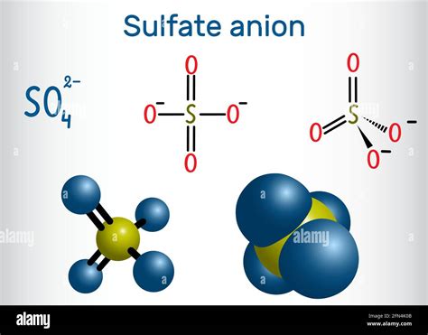 Sulfate anion (sulphate) molecule . Structural chemical formula and molecule model. Vector ...