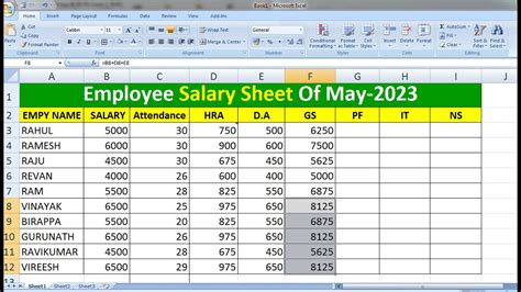 salary sheet in excel | D.A , HRA, PF, ESI, IT, NS, GROSS SALARY ...