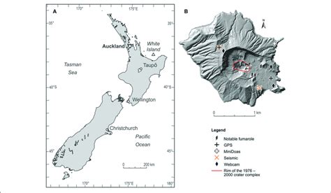 | (A) Map of Whakaari/White Island's location in New Zealand and (B)... | Download Scientific ...