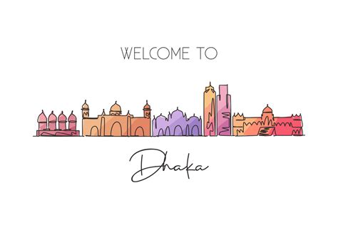 One continuous line drawing Dhaka city skyline Bangladesh. Beautiful ...