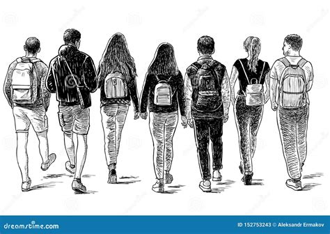 Sketch of a Group of Students Friends Walking Down the Street Stock ...