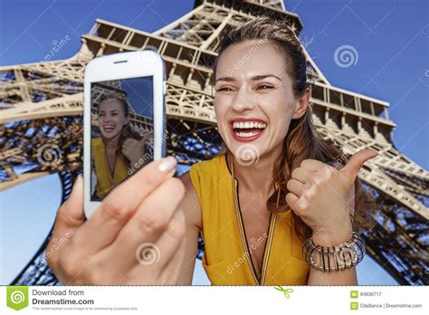 Woman Taking Selfie with Phone in Front of Eiffel Tower, Paris Stock Image - Image of happy ...