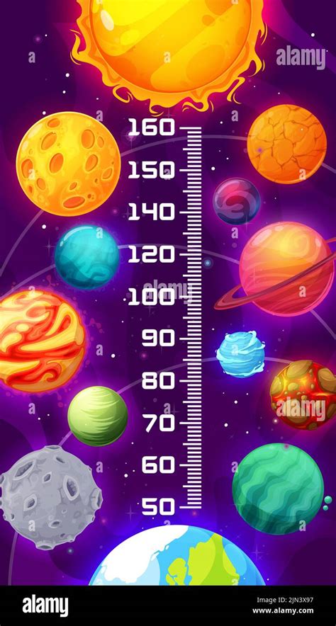 Galaxy kids height chart, cartoon space planets and stars. Vector growth measure wall sticker ...