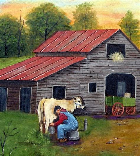 Folk Art 8x10 print Milking Cow Woman feeding Chicken | Etsy Country Barns, Old Barns, Country ...