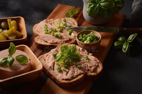 Chicken or Goose Liver Pate Sandwiches on a Plate Stock Photo - Image ...