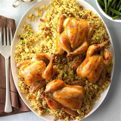 Glazed Cornish Hens with Pecan-Rice Stuffing Recipe | Taste of Home