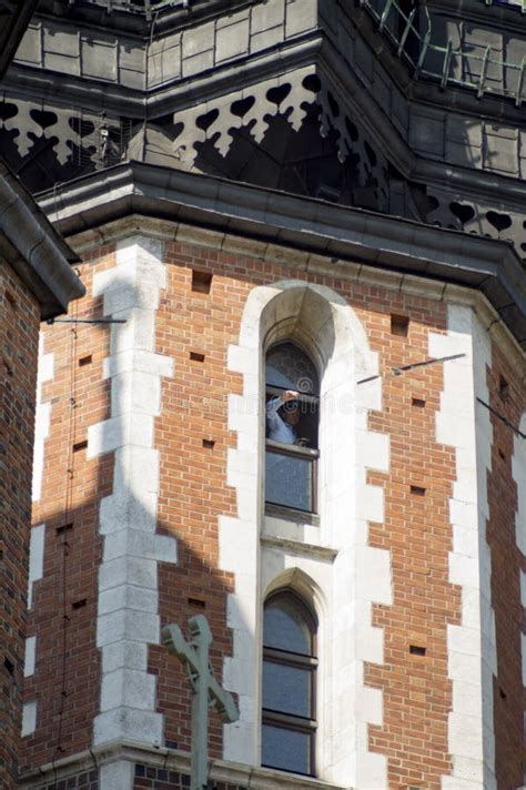 The Trumpet Call. St. Mary`s Basilica Tower. Krakow. Poland Editorial ...