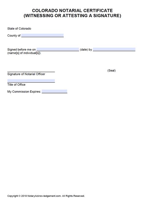 Free Colorado Notarial Certificate - Witnessing or Attesting a Signature - PDF - Word